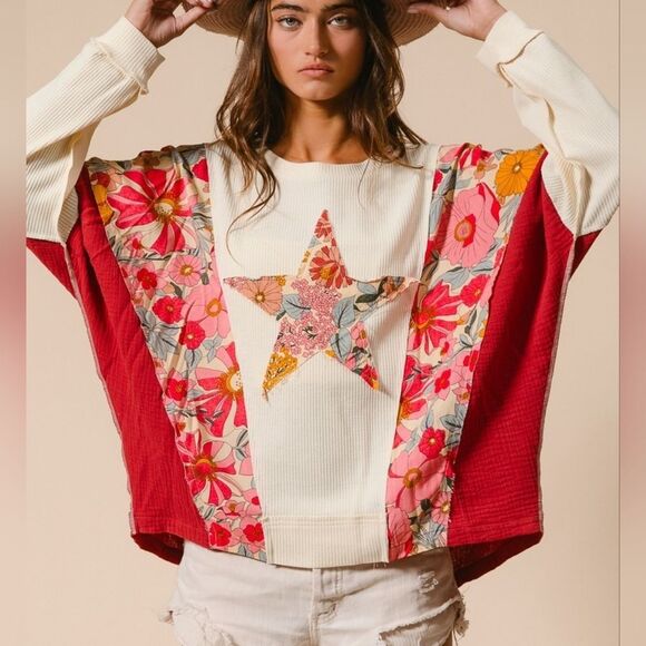 ◇ BiBi Graphic Star Patch Baggy Shirt ColorBlock Detail - Picture 7 of 15